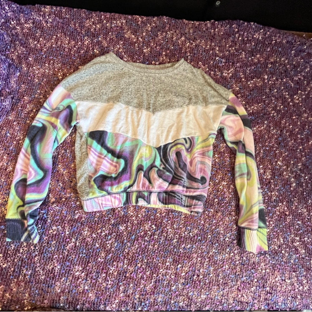 Justice cropped soft , white, grey, purple, green, and teal swirly top